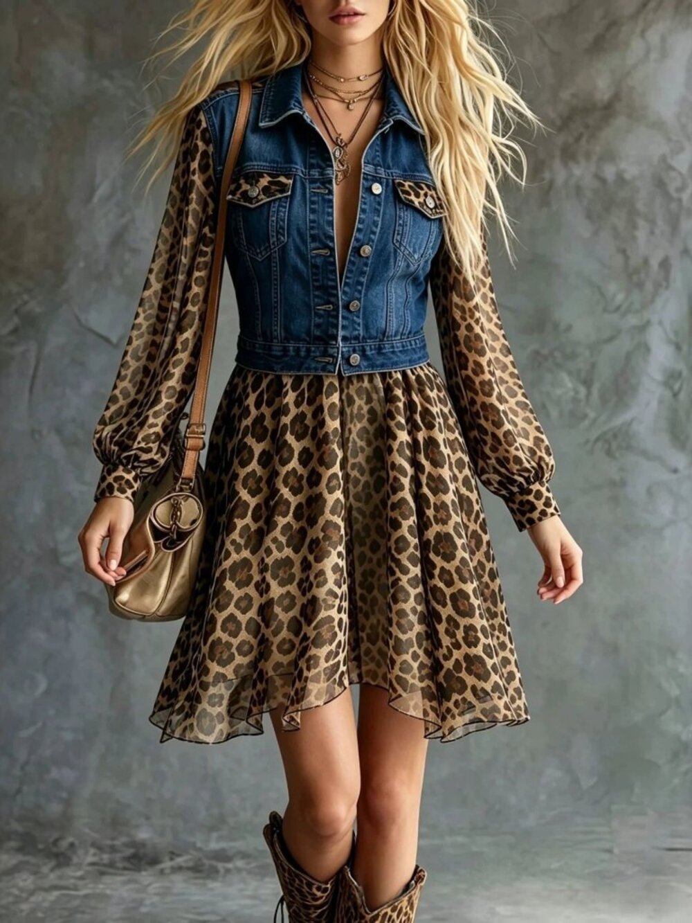 Women's Dark Blue Denim-Look Chiffon Patchwork Maxi Dress – Long Sleeve Midi Dre